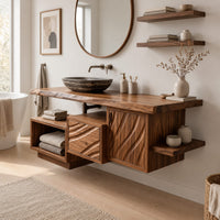 Floating bathroom vanity cabinet with a live edge top and wave carved fronts in a Scandinavian bathroom with white walls
