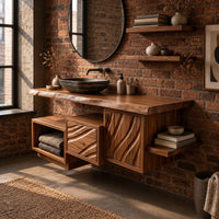 Floating bathroom vanity cabinet with a live edge top and wave carved fronts in an industrial loft bathroom with exposed brick