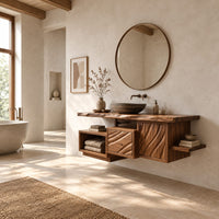 Floating bathroom vanity cabinet with a live edge top and wave carved fronts in a bright open plan bathroom