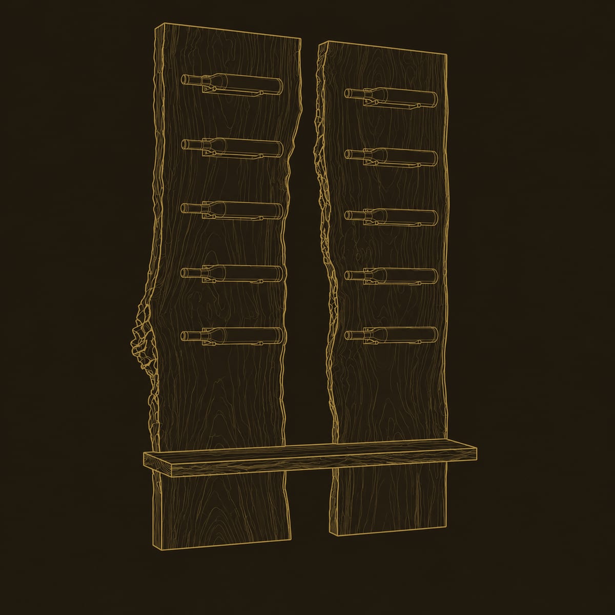 Live Edge Wine Rack With Two Tall Slabs And Angled Bottle Pegs dimension diagram