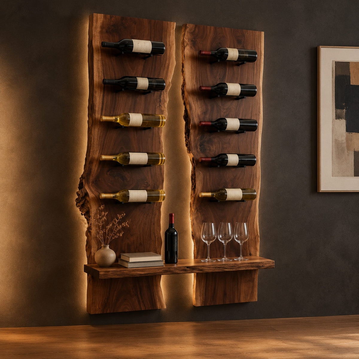 Wine rack of two tall live edge slabs with angled bottle pegs in a dark studio against a charcoal plaster wall
