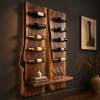 Wine rack of two tall live edge slabs with angled bottle pegs, three-quarter view showing the grain