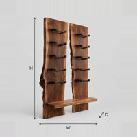 Live Edge Wine Rack With Two Tall Slabs And Angled Bottle Pegs dimension diagram with width, height and depth