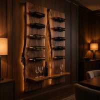 Wine rack of two tall live edge slabs with angled bottle pegs in an evening dining room with walnut wall paneling