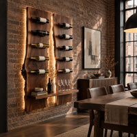 Wine rack of two tall live edge slabs with angled bottle pegs in an industrial loft dining room with exposed brick