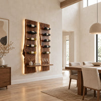 Wine rack of two tall live edge slabs with angled bottle pegs in a bright open plan dining room