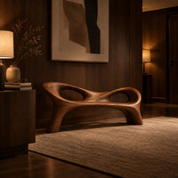 Long wood bench with a pinched middle and two oval openings in an evening entryway with walnut wall paneling