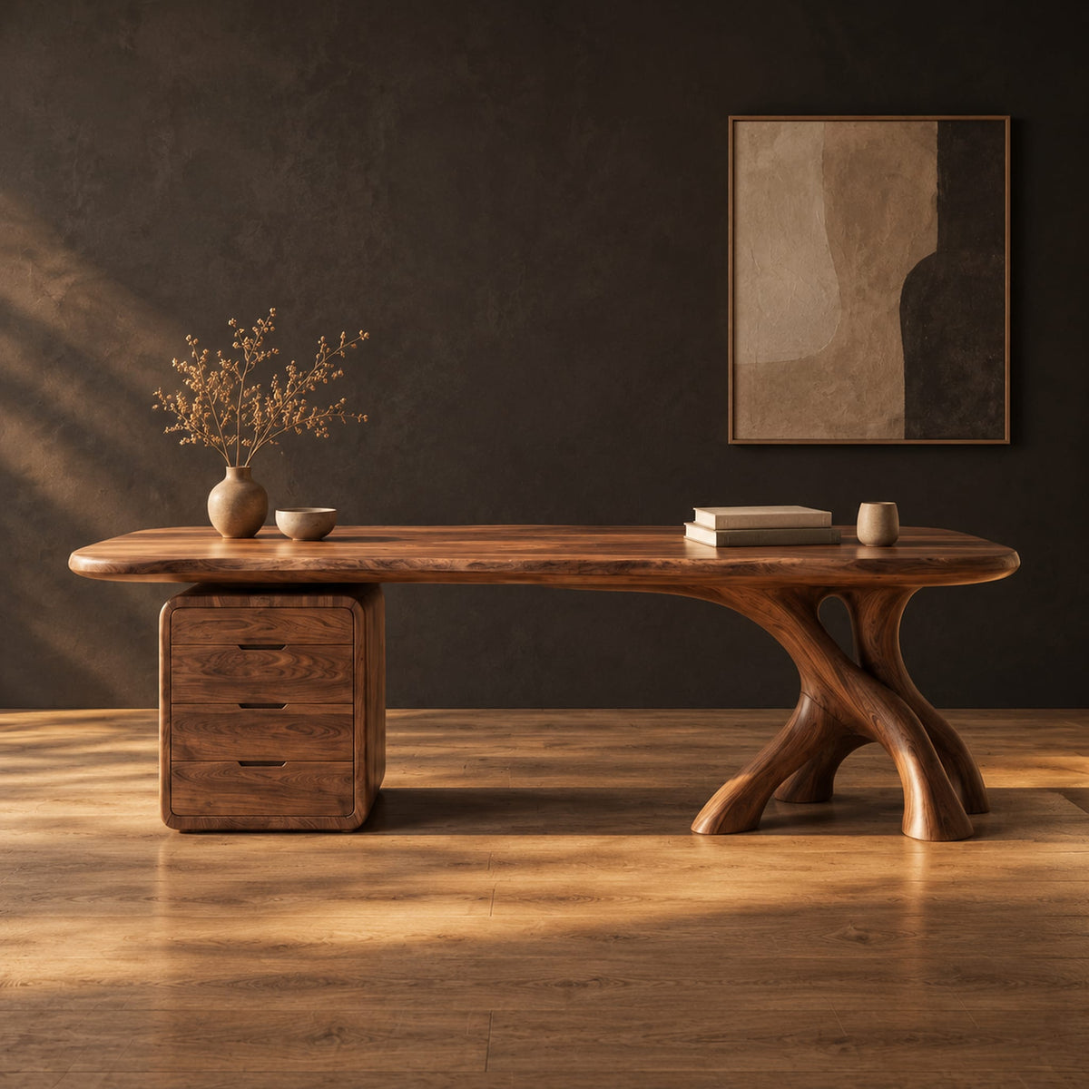 Desk with a long soft cornered top, three drawer block and branch leg in a dark studio against a charcoal plaster wall