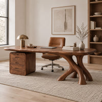 Desk with a long soft cornered top, three drawer block and branch leg in a Scandinavian home office with white walls