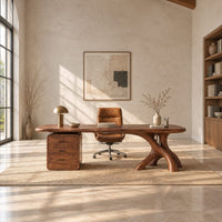 Desk with a long soft cornered top, three drawer block and branch leg in a bright open plan home office