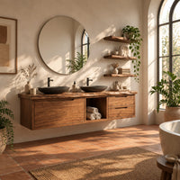 Long floating bathroom vanity cabinet with a wide front panel and open cubby in a bright bathroom with arched windows and plants