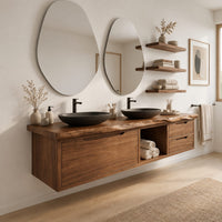 Long floating bathroom vanity cabinet with a wide front panel and open cubby in a Scandinavian bathroom with white walls