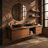 Long floating bathroom vanity cabinet with a wide front panel and open cubby in an industrial loft bathroom with exposed brick