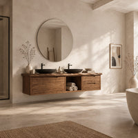 Long floating bathroom vanity cabinet with a wide front panel and open cubby in a bright open plan bathroom