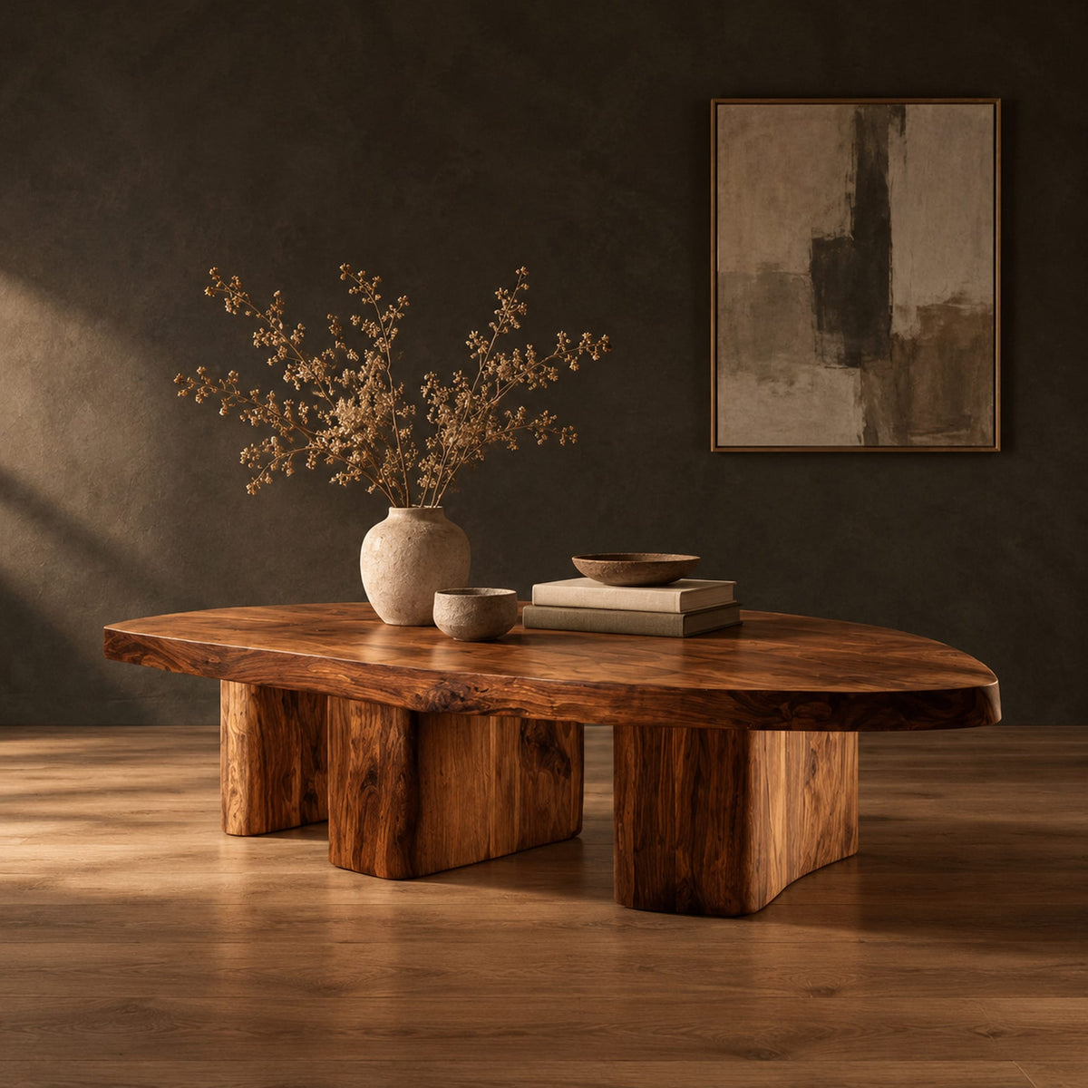 Leaf shaped coffee table with a pointed slab top on three chunky block legs in a dark studio against a charcoal plaster wall