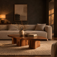 Leaf shaped coffee table with a pointed slab top on three chunky block legs in a dark living room at golden hour