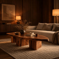 Leaf shaped coffee table with a pointed slab top on three chunky block legs in an evening living room with walnut wall paneling