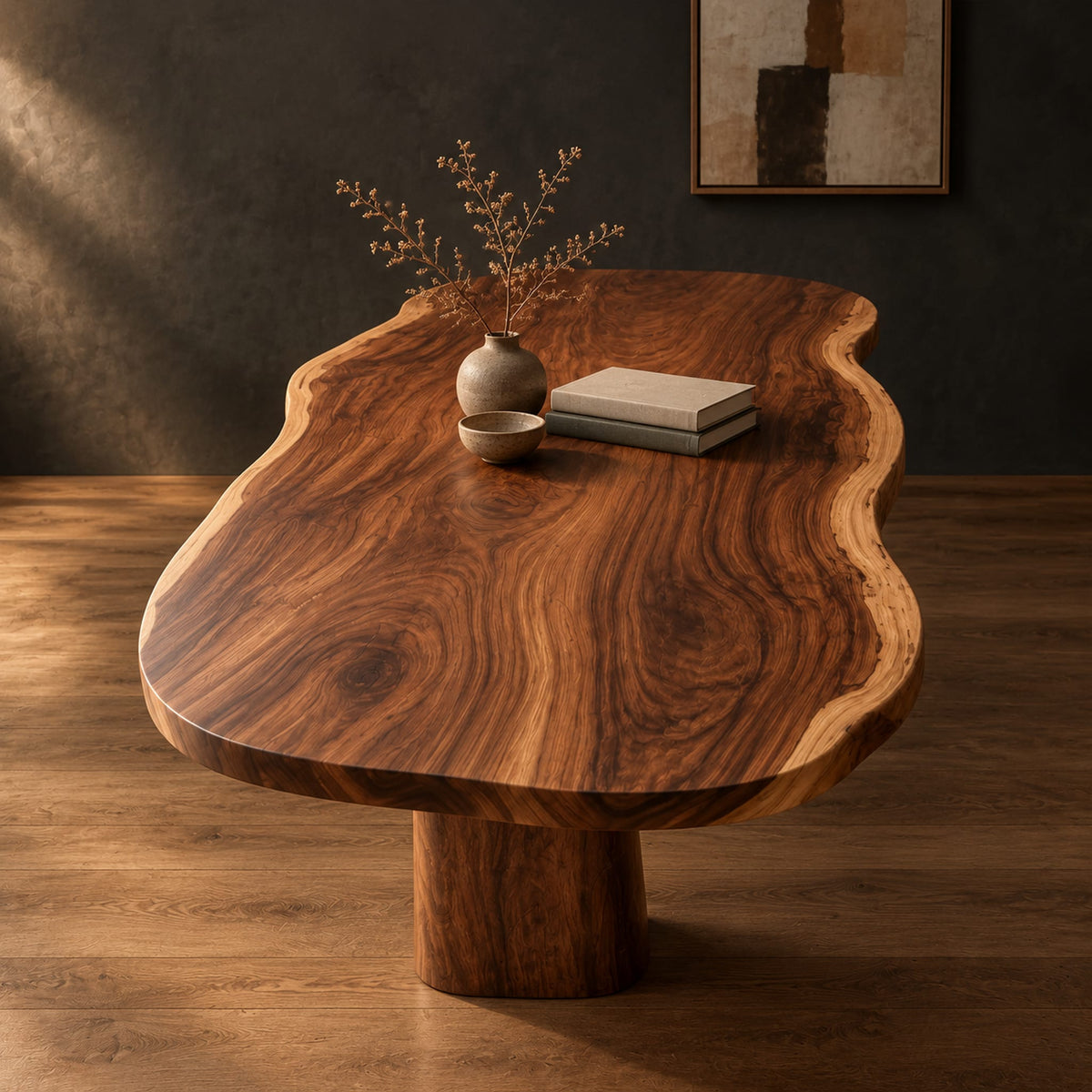 Long freeform wood table top with rippling live edge sides and warm grain in a dark studio against a charcoal plaster wall