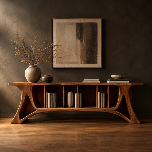 Long Open Shelf Console Table With Flared Legs And Narrow Cubbies