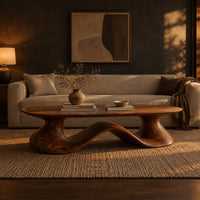 Long oval coffee table on a flowing wave shaped wooden pedestal base in a dark living room at golden hour