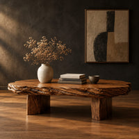 Long oval coffee table with a raw edged slab top on two block legs in a dark studio against a charcoal plaster wall
