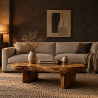 Long oval coffee table with a raw edged slab top on two block legs in a dark living room at golden hour