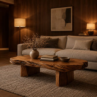 Long oval coffee table with a raw edged slab top on two block legs in an evening living room with walnut wall paneling