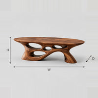 Long Oval Coffee Table With Sweeping Cutout Base dimension diagram with width, height and depth