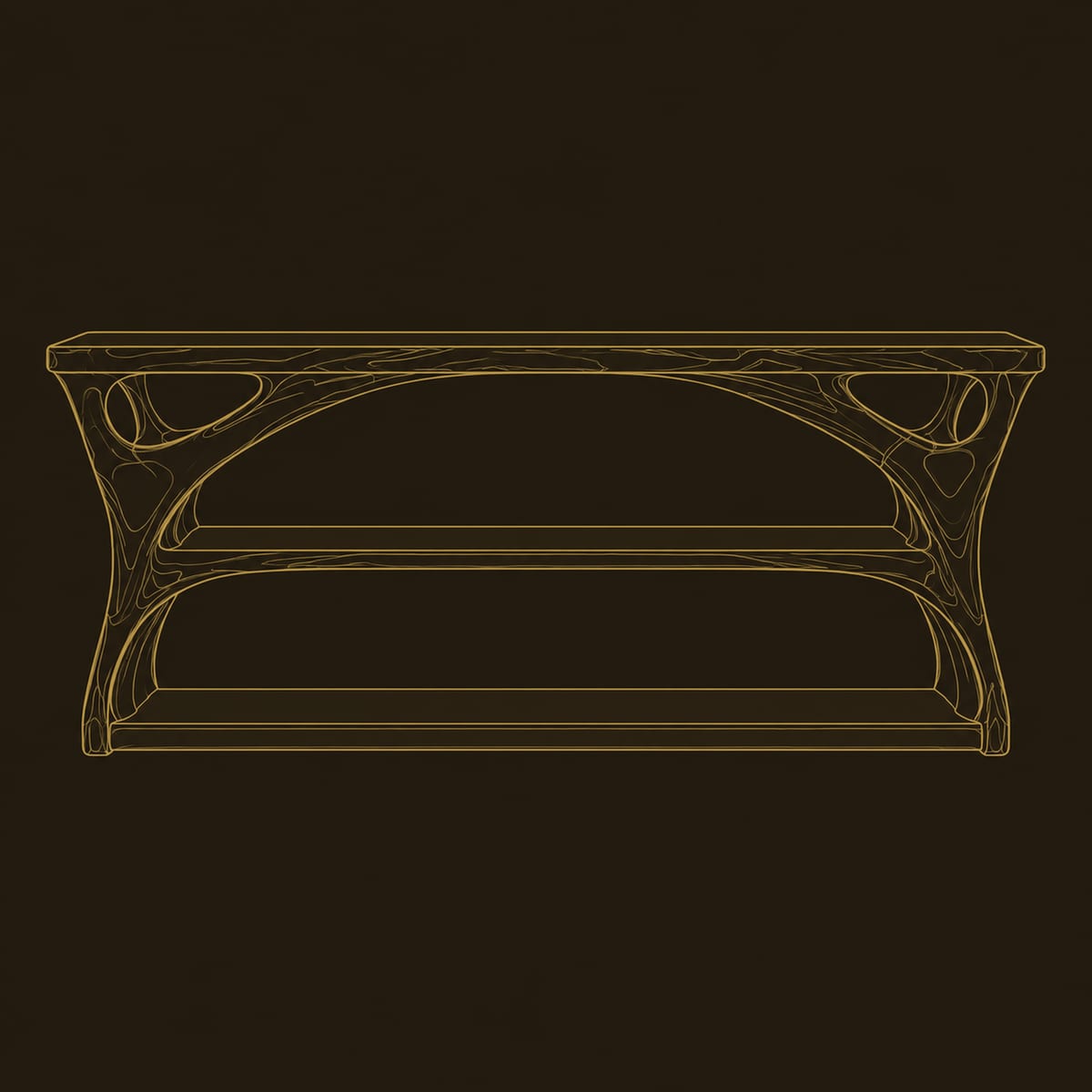 Long Shoe Bench With Open Shelves And Branching Sculpted Sides dimension diagram