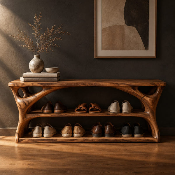 Long Shoe Bench With Open Shelves And Branching Sculpted Sides