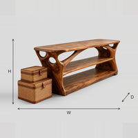 Long Shoe Bench With Open Shelves And Branching Sculpted Sides dimension diagram with width, height and depth