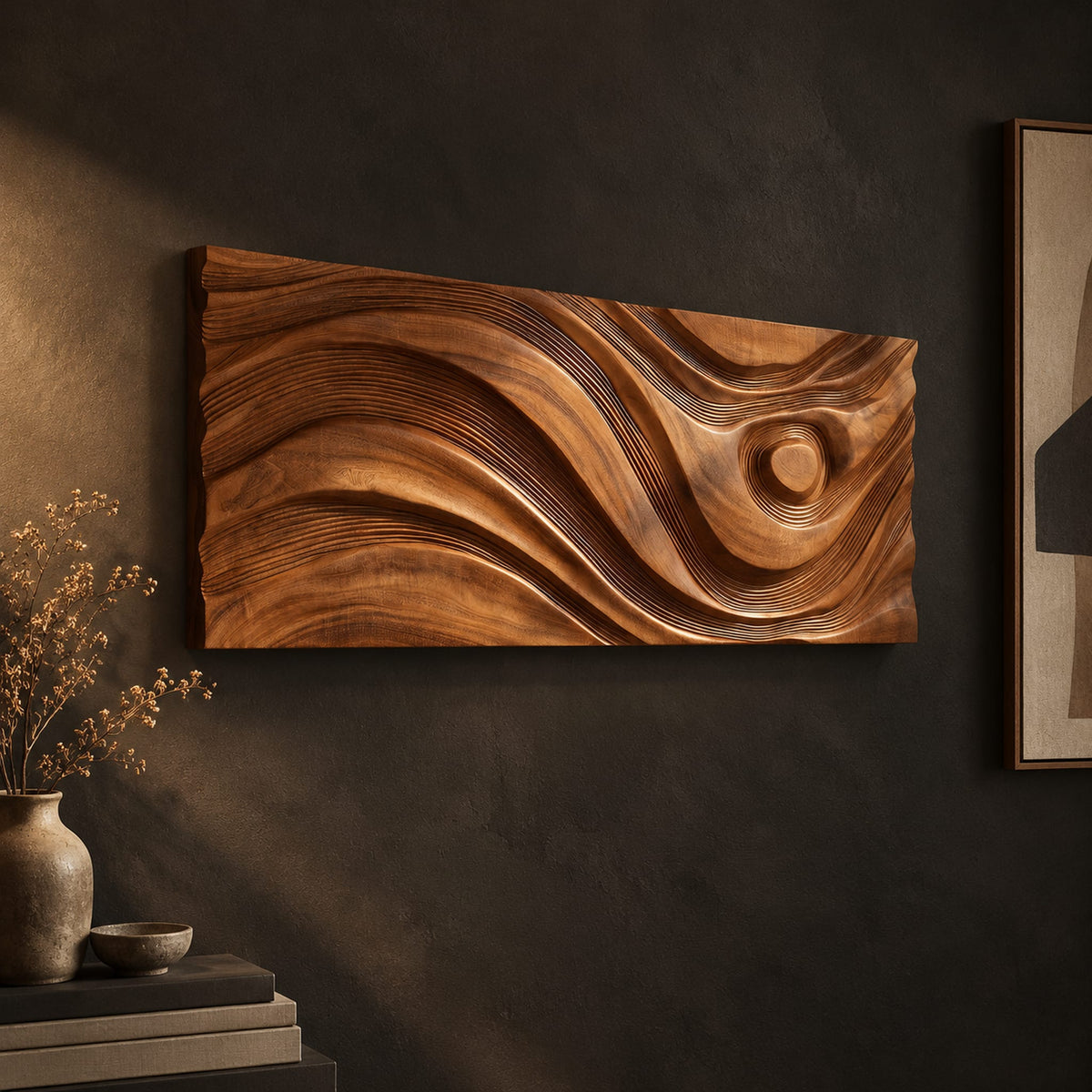 Long horizontal wall panel carved with sweeping waves and a raised disc on a dark charcoal plaster wall