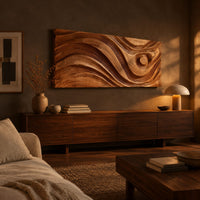 Long horizontal wall panel carved with sweeping waves and a raised disc above a low console in an evening living room