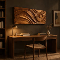 Long horizontal wall panel carved with sweeping waves and a raised disc above a desk in a dark study corner