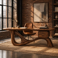 Desk with an oval top, a looped sculpted base and a two drawer box in an industrial loft home office with exposed brick