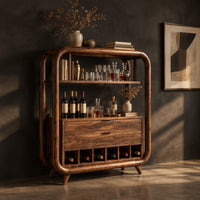 Bar cabinet with a looped wood frame, open shelf and slotted base, three-quarter view showing the grain