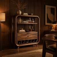 Bar cabinet with a looped wood frame, open shelf and slotted base in an evening dining room with walnut wall paneling