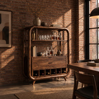 Bar cabinet with a looped wood frame, open shelf and slotted base in an industrial loft dining room with exposed brick