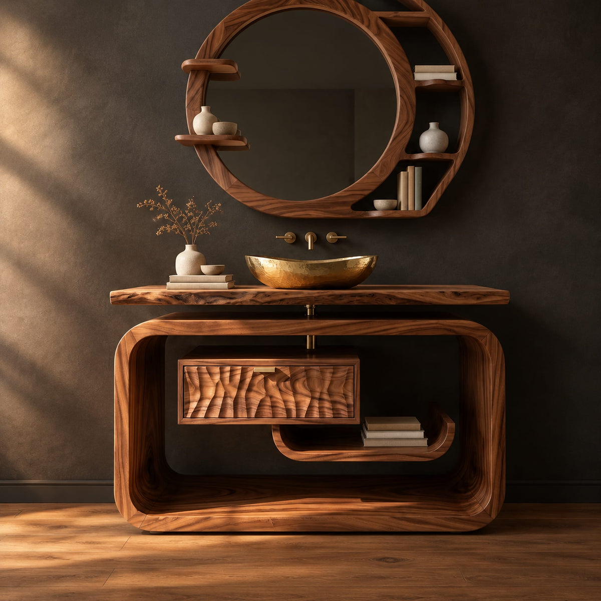 Vanity cabinet in a looped wood frame with a carved wave drawer front in a dark studio against a charcoal plaster wall