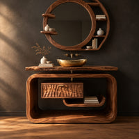 Vanity cabinet in a looped wood frame with a carved wave drawer front in a dark studio against a charcoal plaster wall