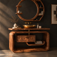 Vanity cabinet in a looped wood frame with a carved wave drawer front, three-quarter view showing the grain