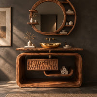 Corner detail of vanity cabinet in a looped wood frame with a carved wave drawer front beside wood, brass and linen samples