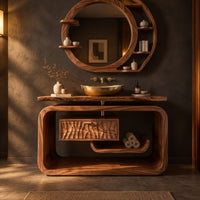 Vanity cabinet in a looped wood frame with a carved wave drawer front in a dark bathroom at golden hour