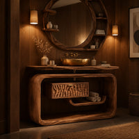 Vanity cabinet in a looped wood frame with a carved wave drawer front in an evening bathroom with walnut wall paneling
