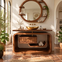 Vanity cabinet in a looped wood frame with a carved wave drawer front in a bright bathroom with arched windows and plants