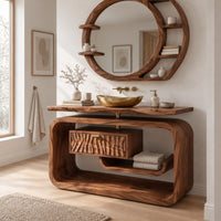 Vanity cabinet in a looped wood frame with a carved wave drawer front in a Scandinavian bathroom with white walls