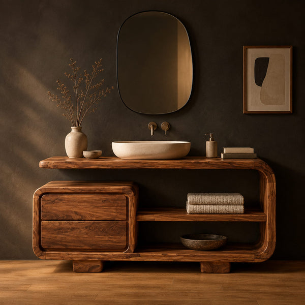 Loop Frame Bathroom Vanity With Stacked Drawers And Open Shelf