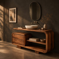 Bathroom vanity with a looped frame, two stacked drawers and an open shelf, three-quarter view showing the grain