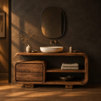Bathroom vanity with a looped frame, two stacked drawers and an open shelf in a dark bathroom at golden hour