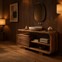 Bathroom vanity with a looped frame, two stacked drawers and an open shelf in an evening bathroom with walnut wall paneling
